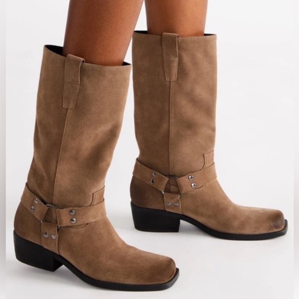 Steve Madden New Ruskin Leather Square Toe Moto Boot NWOB Taupe Size 9